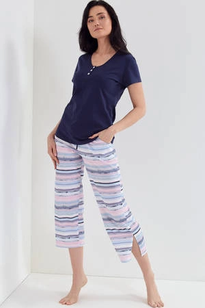 Damen-Baumwollpyjama Cana 116 marineblau gestreift
