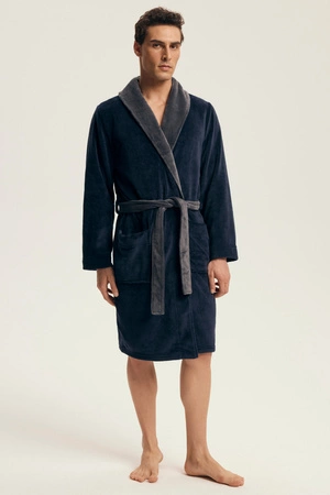 Men's warm dressing gown with collar Henderson navy blue 43378